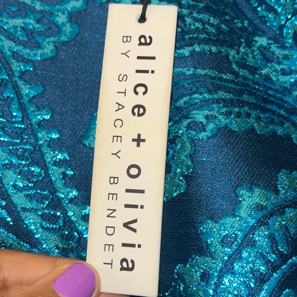 NWT Alice + Olivia “Stasia” Metallic Teal Brocade Fit & Flare Dress Size 6 - Picture 9 of 10